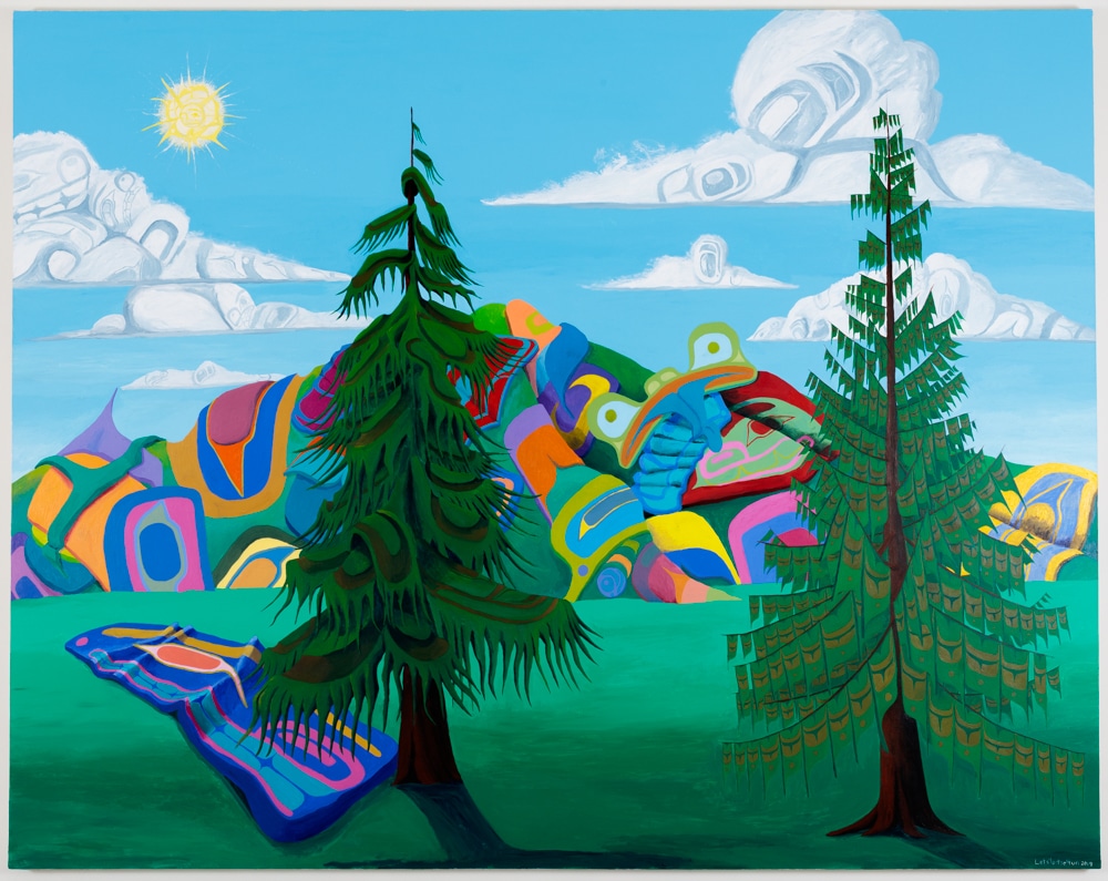 Large landscape painting of evergreen trees surrounding colourful abstract forms beneath a bright blue sky with stylized cloud shapes.