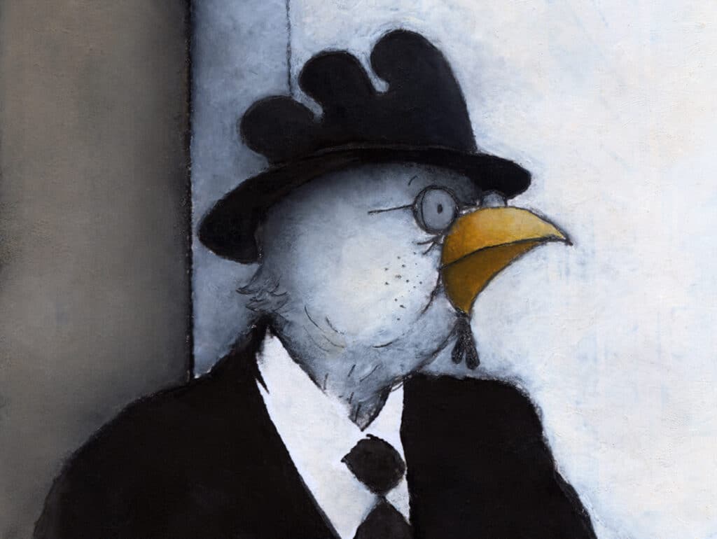 Illustration of a chicken wearing a black suit, tie, hat and round glasses.