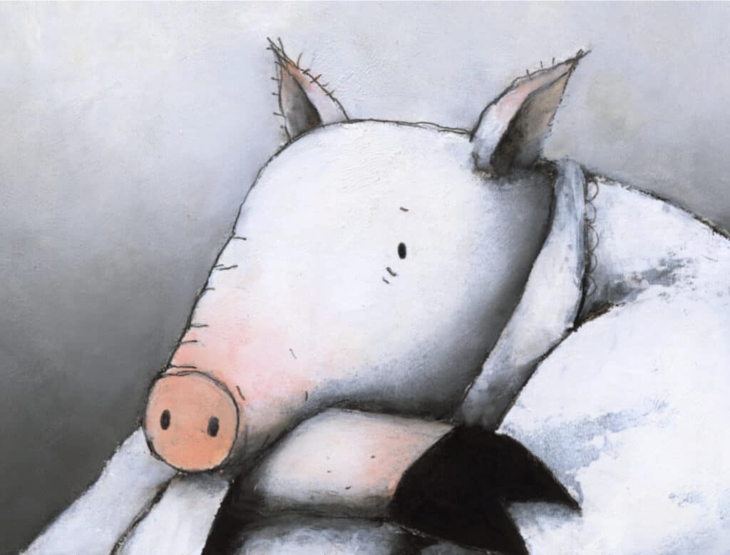 Illustration of a pig resting its head on a pillow under a blanket.