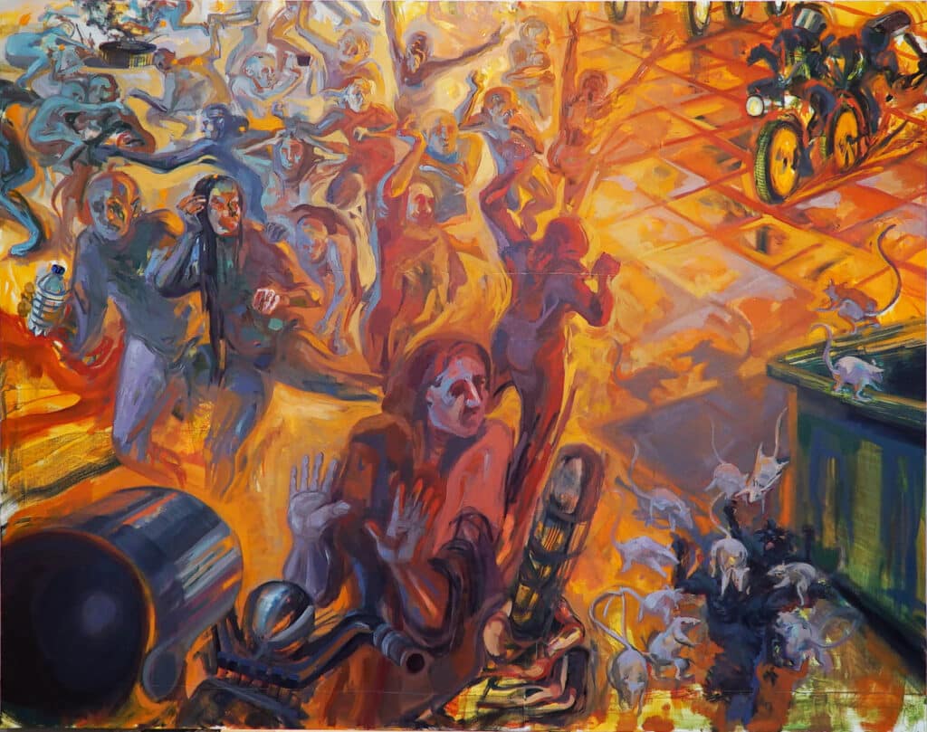     A vivid, expressionistic painting of a crowded transit scene, with overlapping figures, vehicles and rats rendered in warm oranges, yellows, reds and contrasting blues.