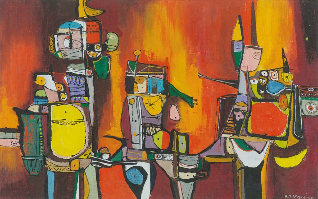 Colourful painting of four abstract, geometric figures against a fiery red and orange background.