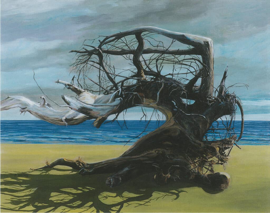 Painting of a gnarled, windswept tree on a shoreline beneath a blue-grey sky.
