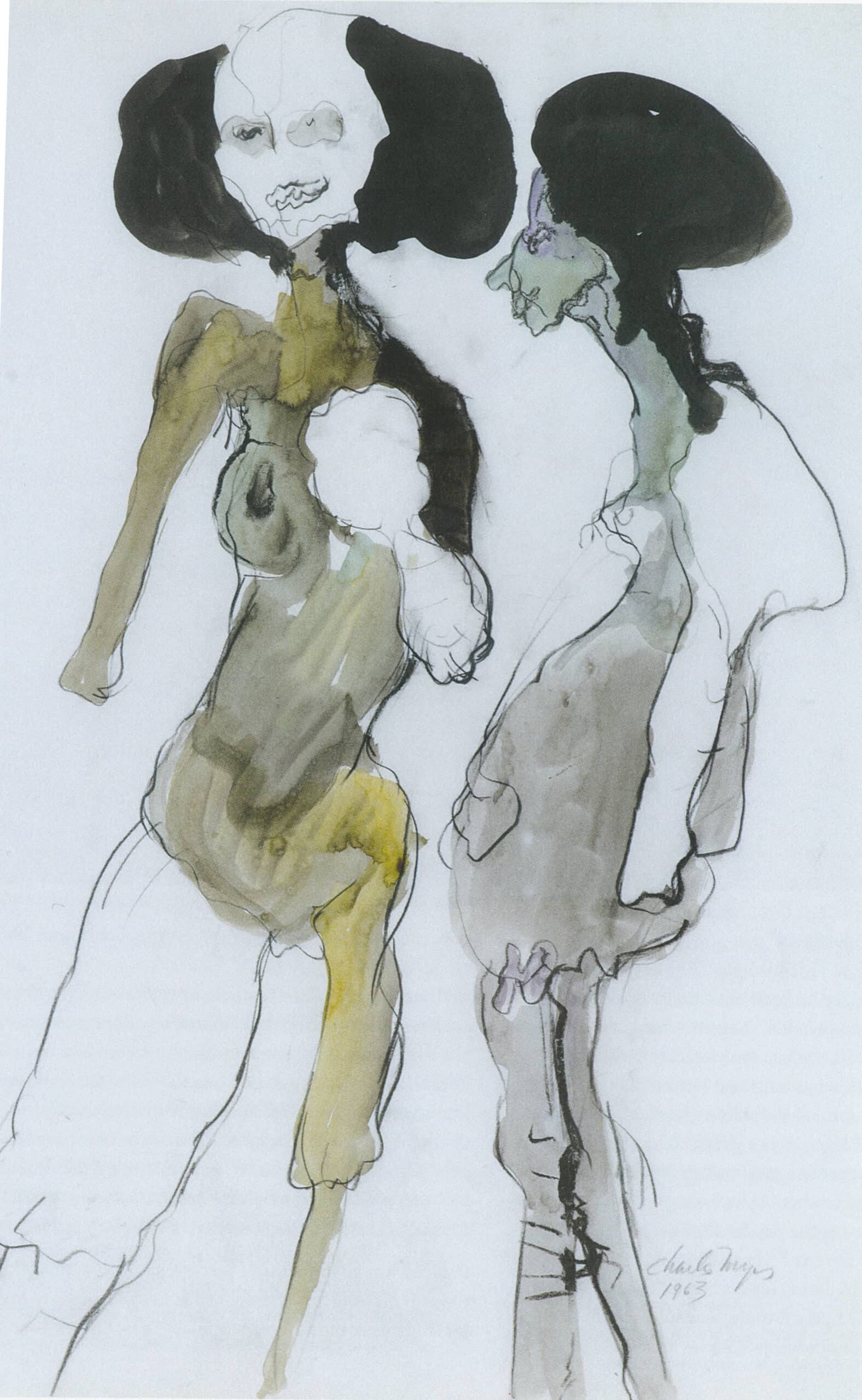 Loose figurative drawing of two standing figures in black, grey and muted yellow washes.