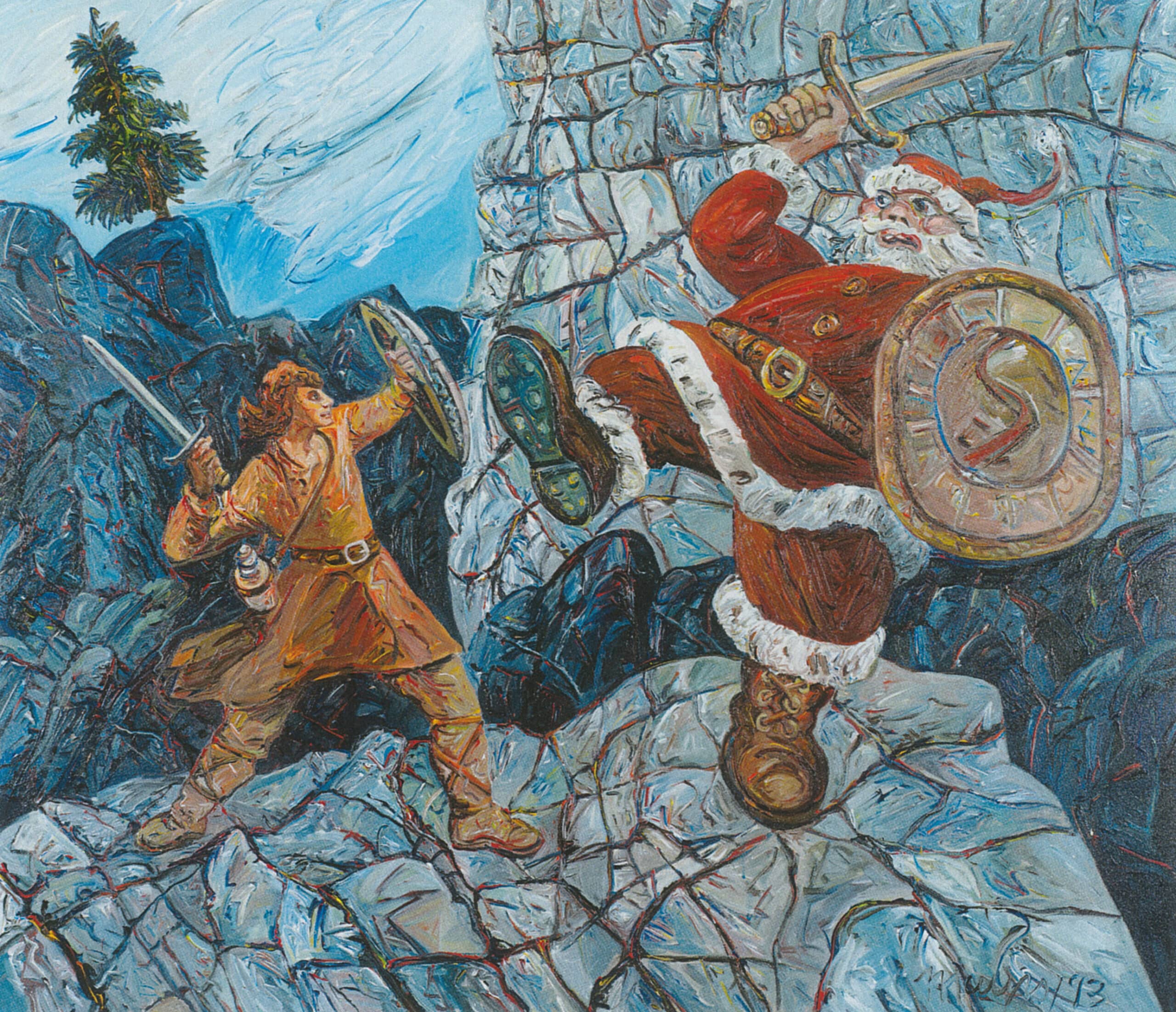 Colourful painting of two figures confronting each other with swords and shields among rocky mountains, including a large figure dressed in red.