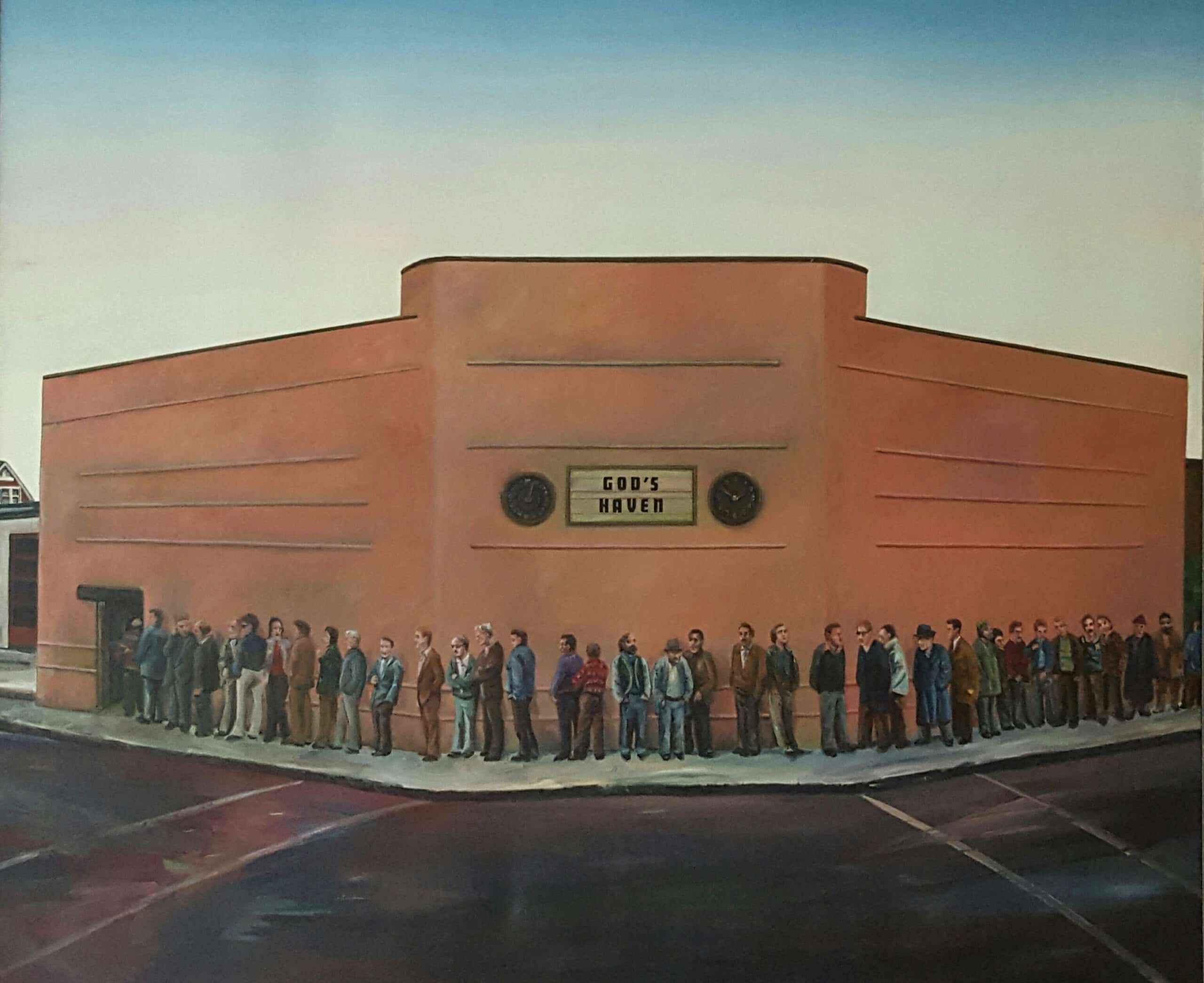 Painting of a long line of people outside a curved pink building with a sign reading “God’s Haven.”