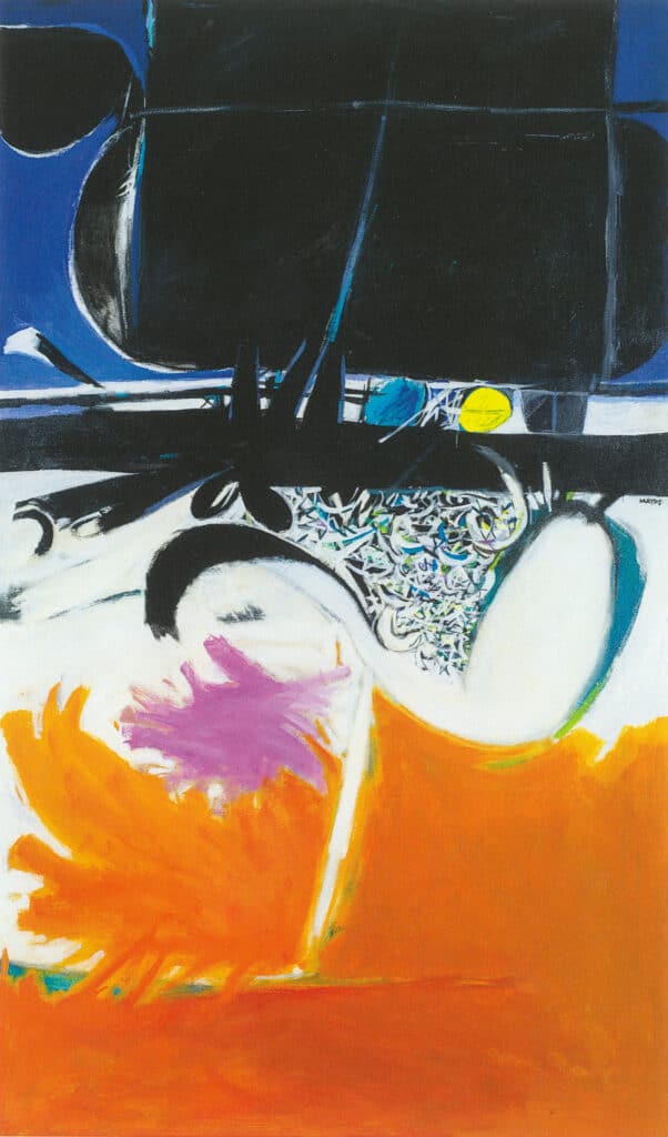 Abstract painting with large black, blue, white and orange forms, accented by a bright yellow circle and expressive brushwork.
