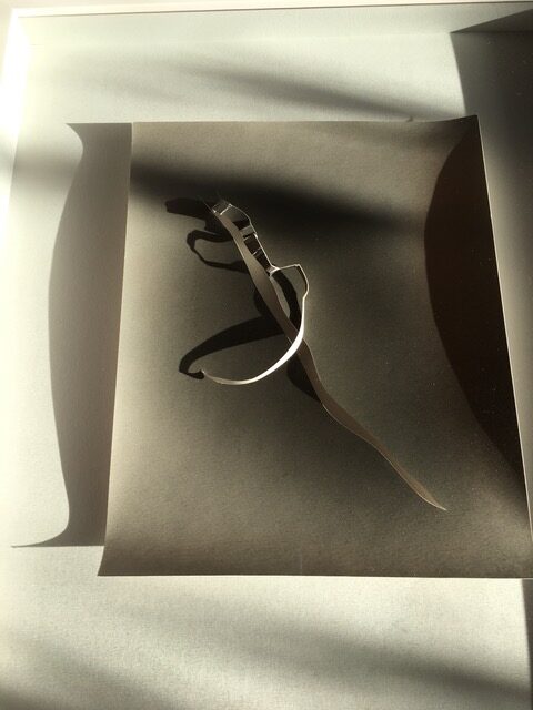 Abstract black-and-white composition of curved paper forms and a narrow sculptural object casting strong shadows.