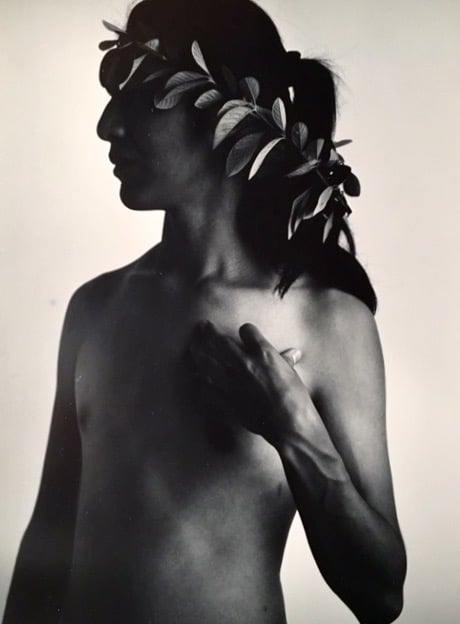 Black-and-white portrait of a bare-shouldered person in profile with leafy branches draped across their head and one hand resting on their chest.