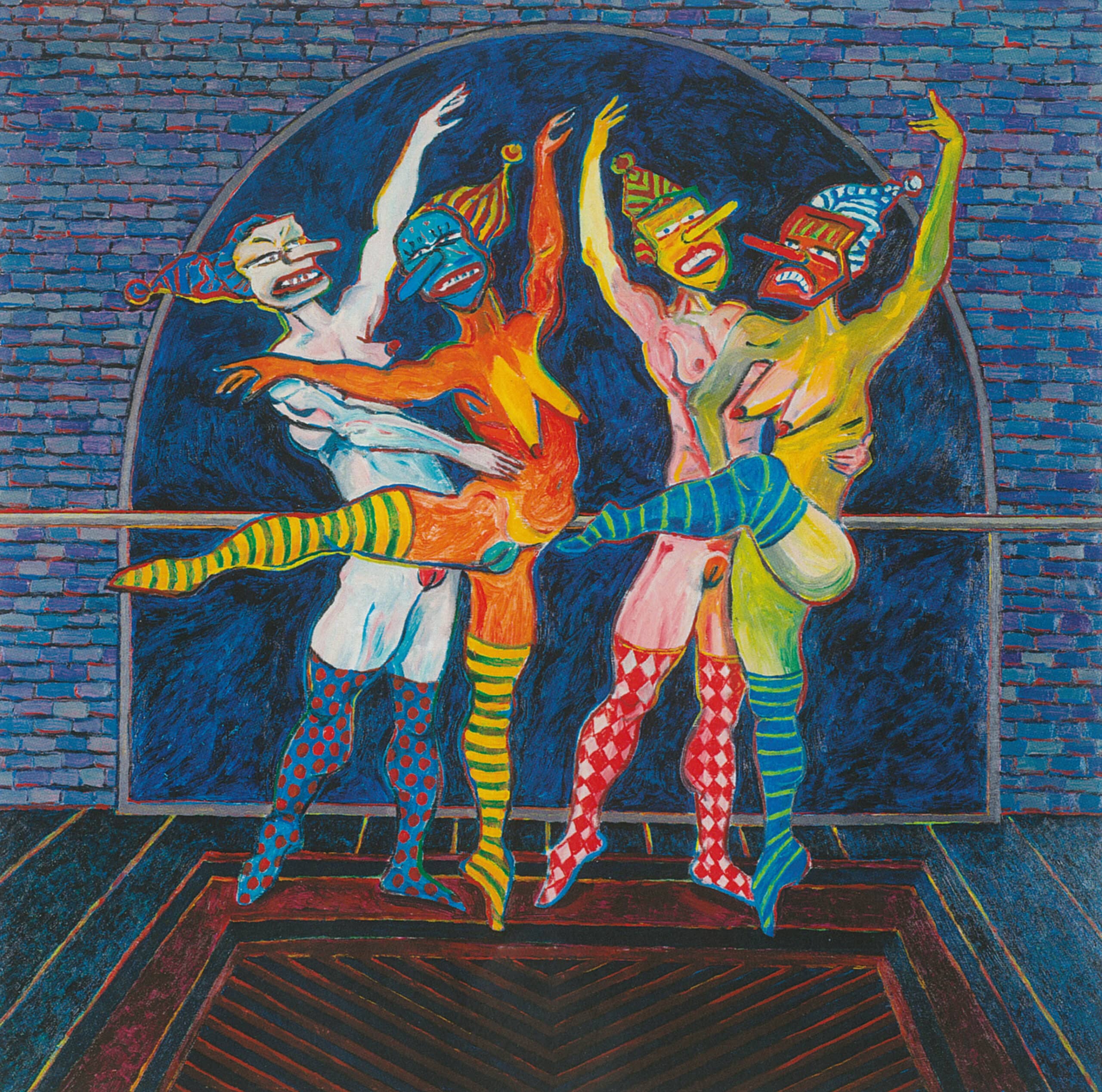 Colourful painting of four expressive figures dancing together in patterned stockings and bright costumes against a dark blue background.