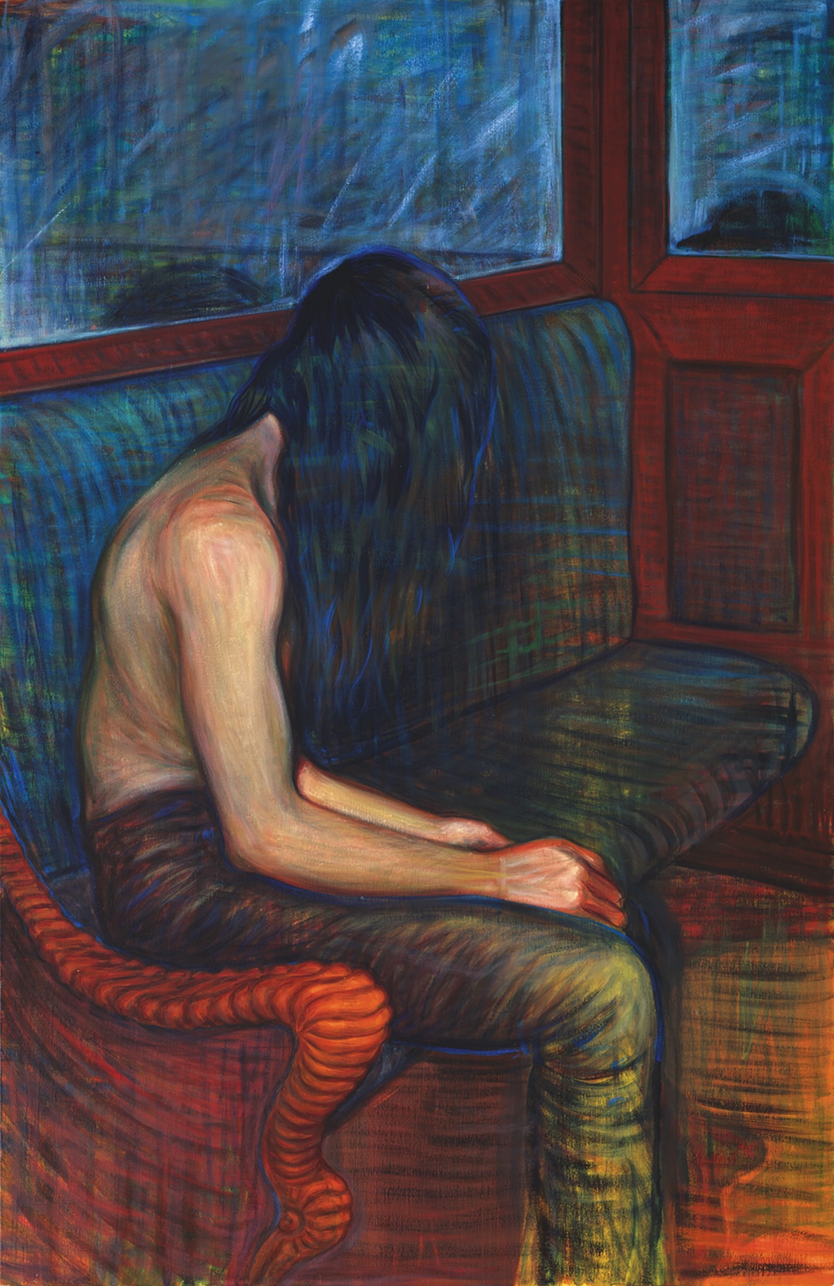 A painting of a long-haired figure sitting hunched forward on a blue upholstered bench beside a window, rendered in rich blues, reds and oranges.