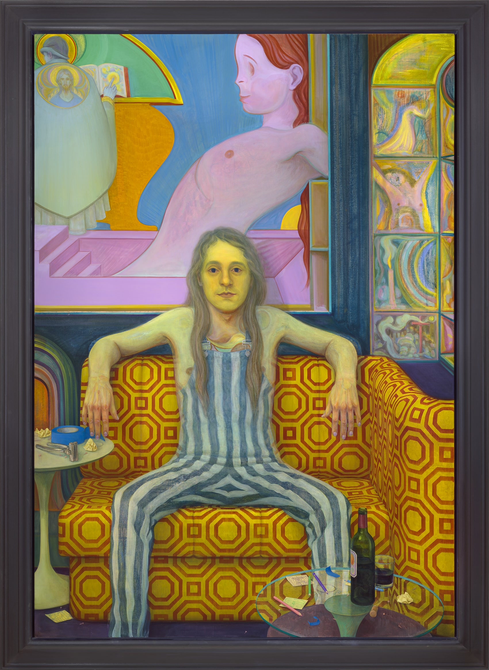 A colourful painting of a long-haired figure in striped overalls seated on a yellow geometric-patterned couch, surrounded by religious imagery and surreal figures.
