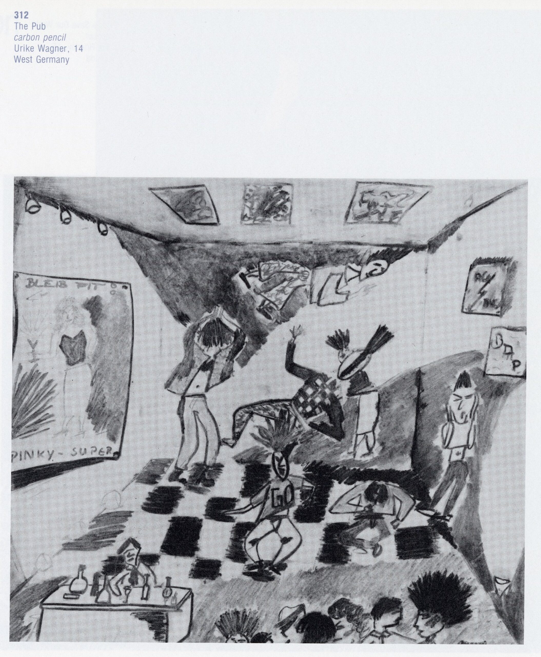 Black-and-white reproduction of a child's drawing titled The Pub, showing people dancing and socializing in a lively room with a checkered floor.