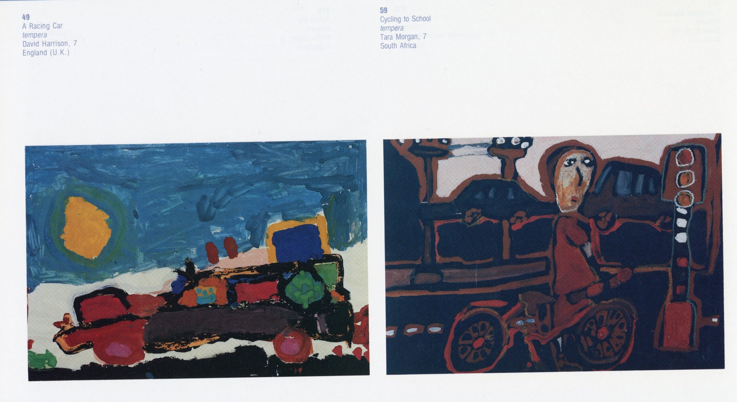 Two colourful children's paintings depicting a racing car and a person cycling beside a traffic light, reproduced side by side on a white page.