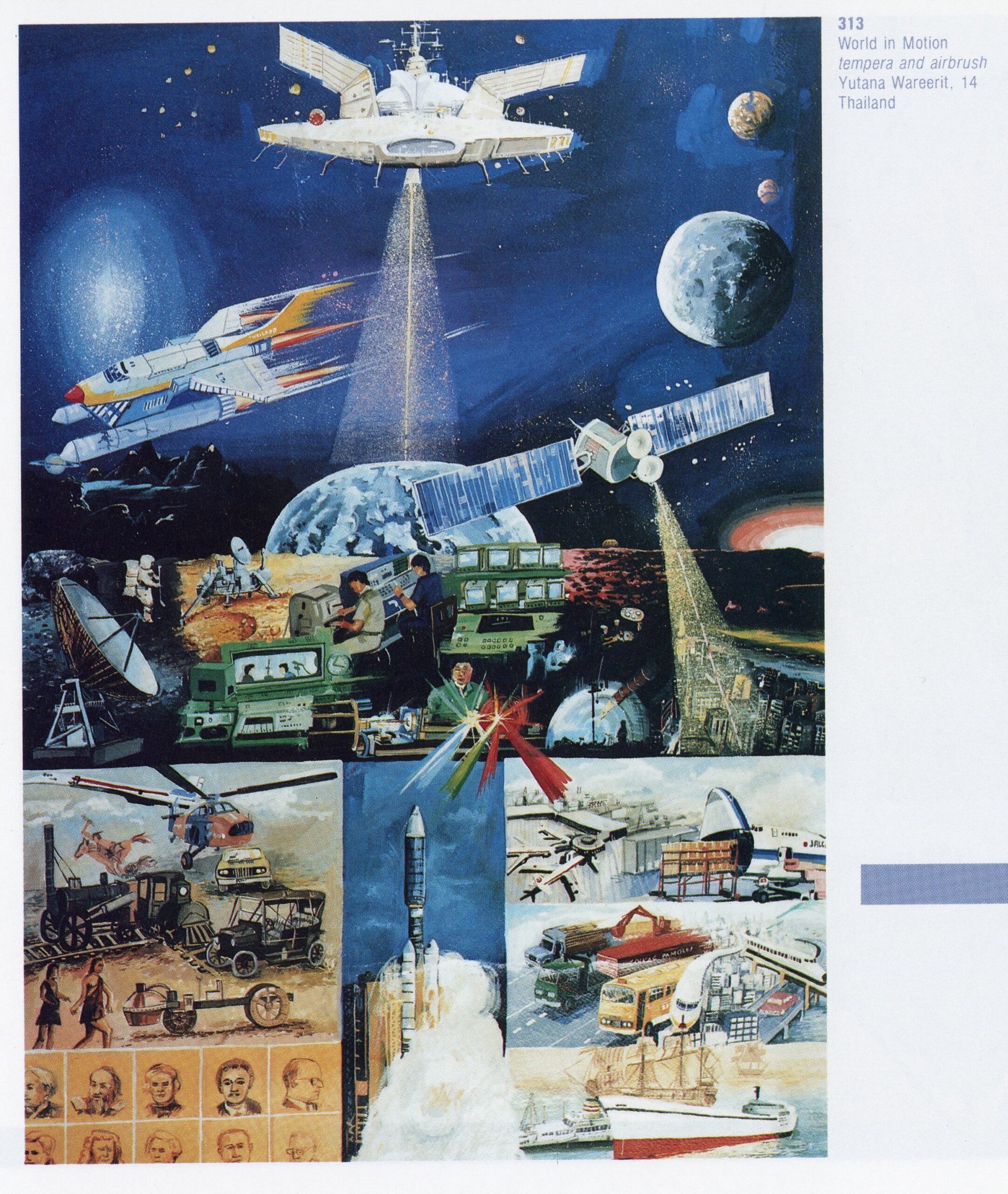 Colourful painting titled World in Motion, depicting spacecraft, satellites, planets and scenes of transportation across land, sea and space.