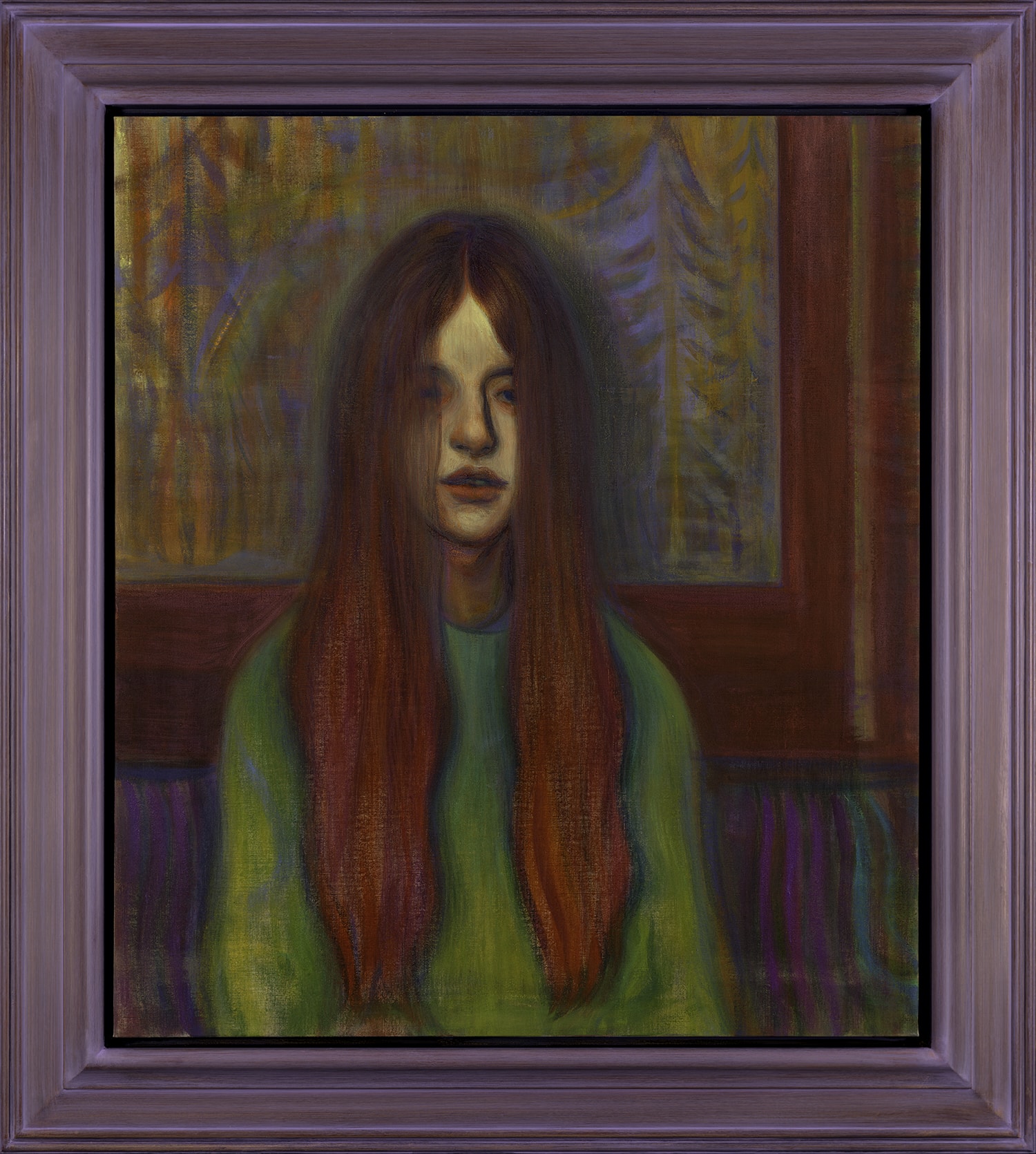 A framed portrait painting of a long-haired figure in a green shirt, seated before a window, rendered in muted greens, purples and earthy browns.