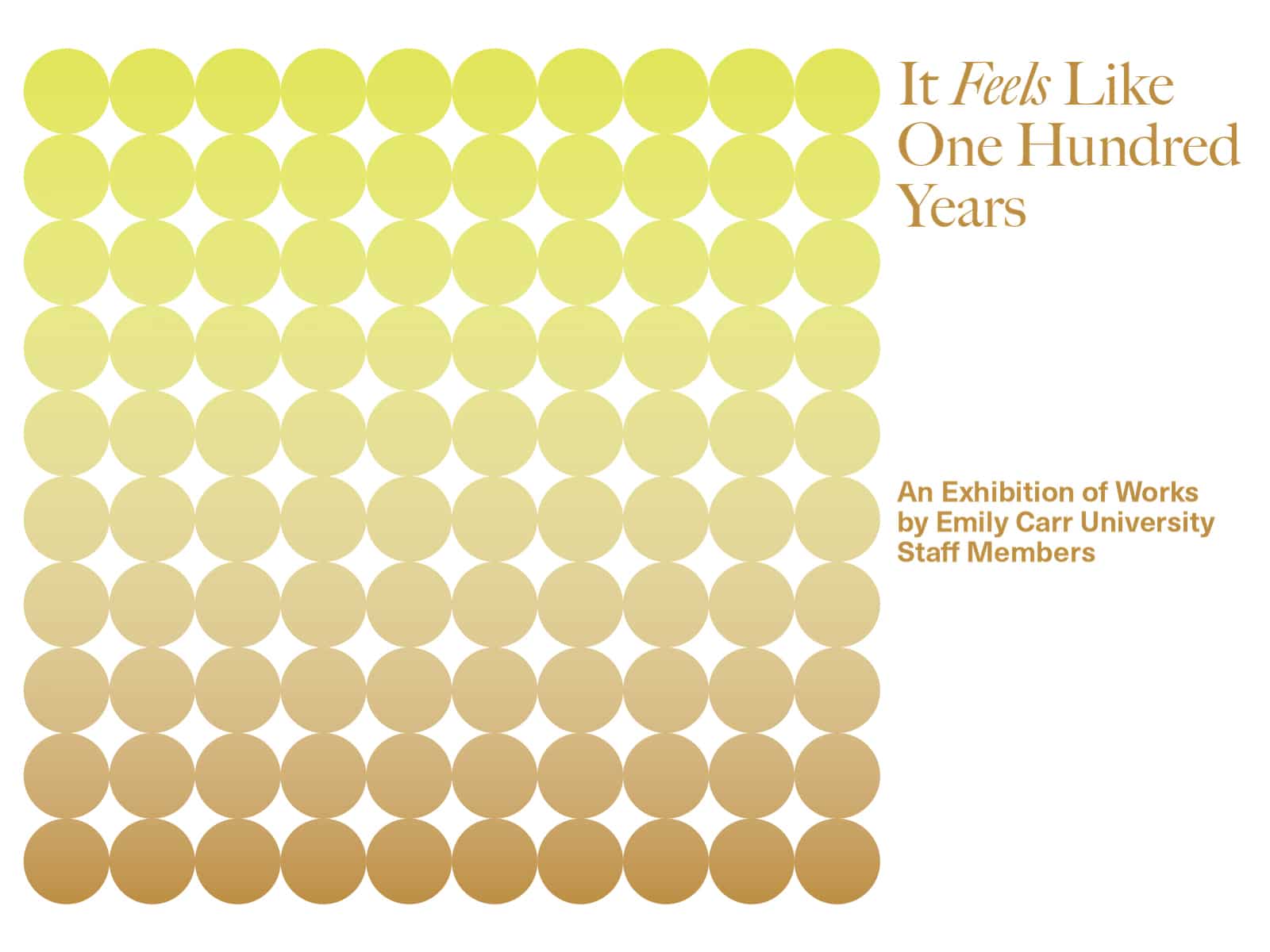 Exhibition graphic for It Feels Like One Hundred Years, featuring 100 circles in a yellow-to-gold gradient on a black background. The exhibition showcases works by Emily Carr University staff members.