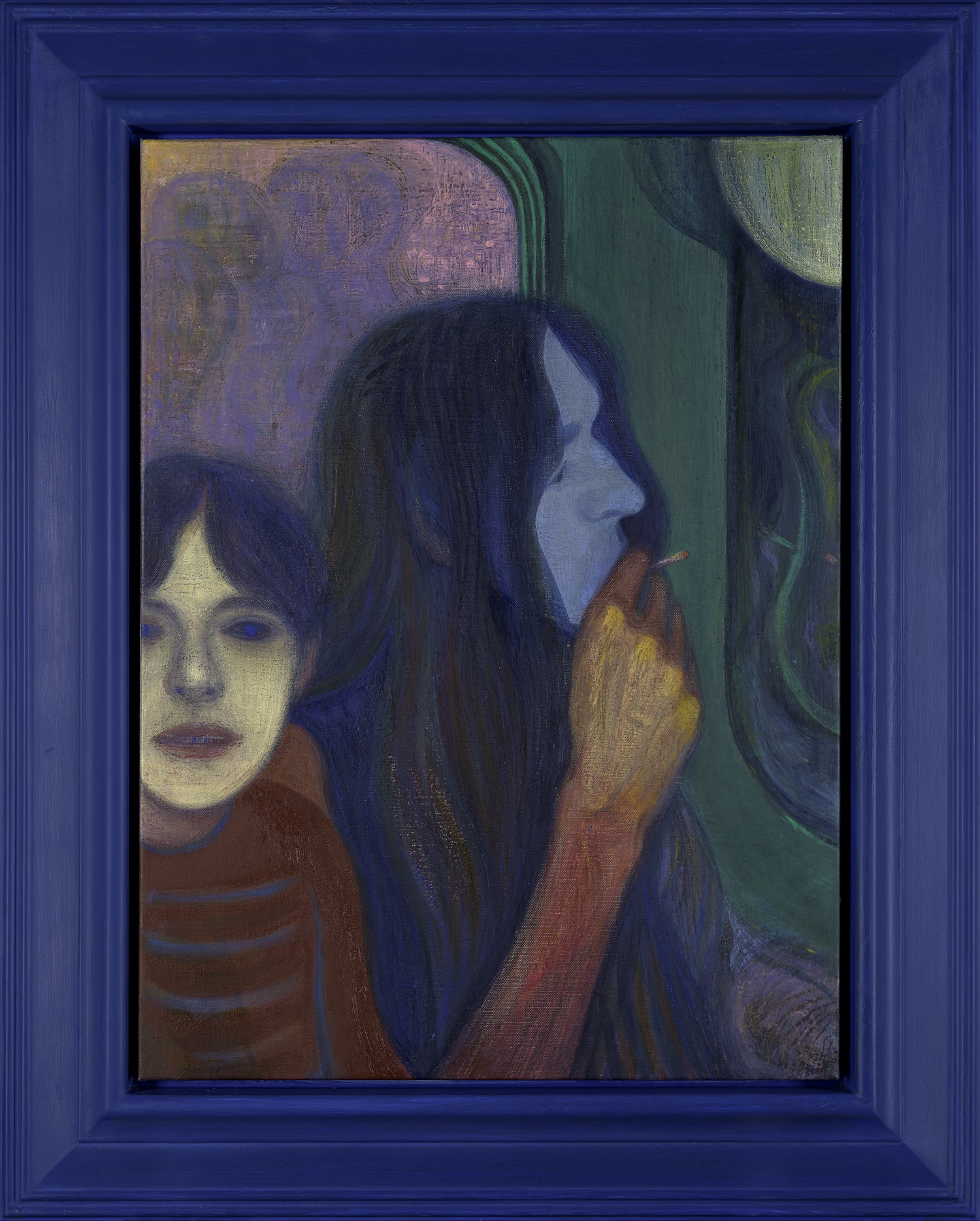 A painting of two pale-faced figures with long dark hair, one looking forward and the other smoking in profile, rendered in deep blues, greens and purples.