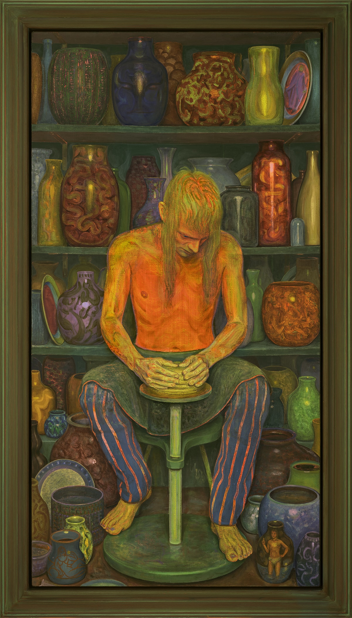 A painting of a long-haired, bare-chested figure shaping clay on a pottery wheel, surrounded by shelves of colourful ceramic vessels in warm greens, oranges and browns.