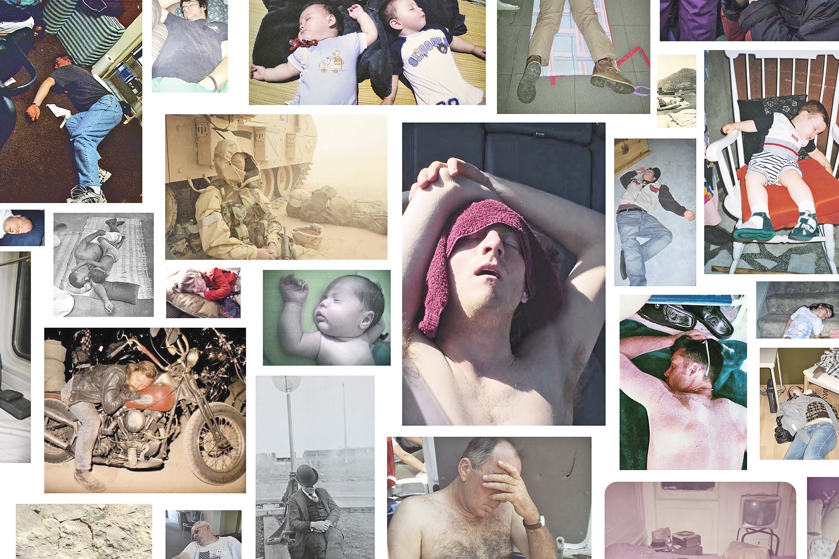 A close-up of a photographic collage showing people asleep in beds, chairs, vehicles and other settings, with one central figure reclining beneath a red cloth.