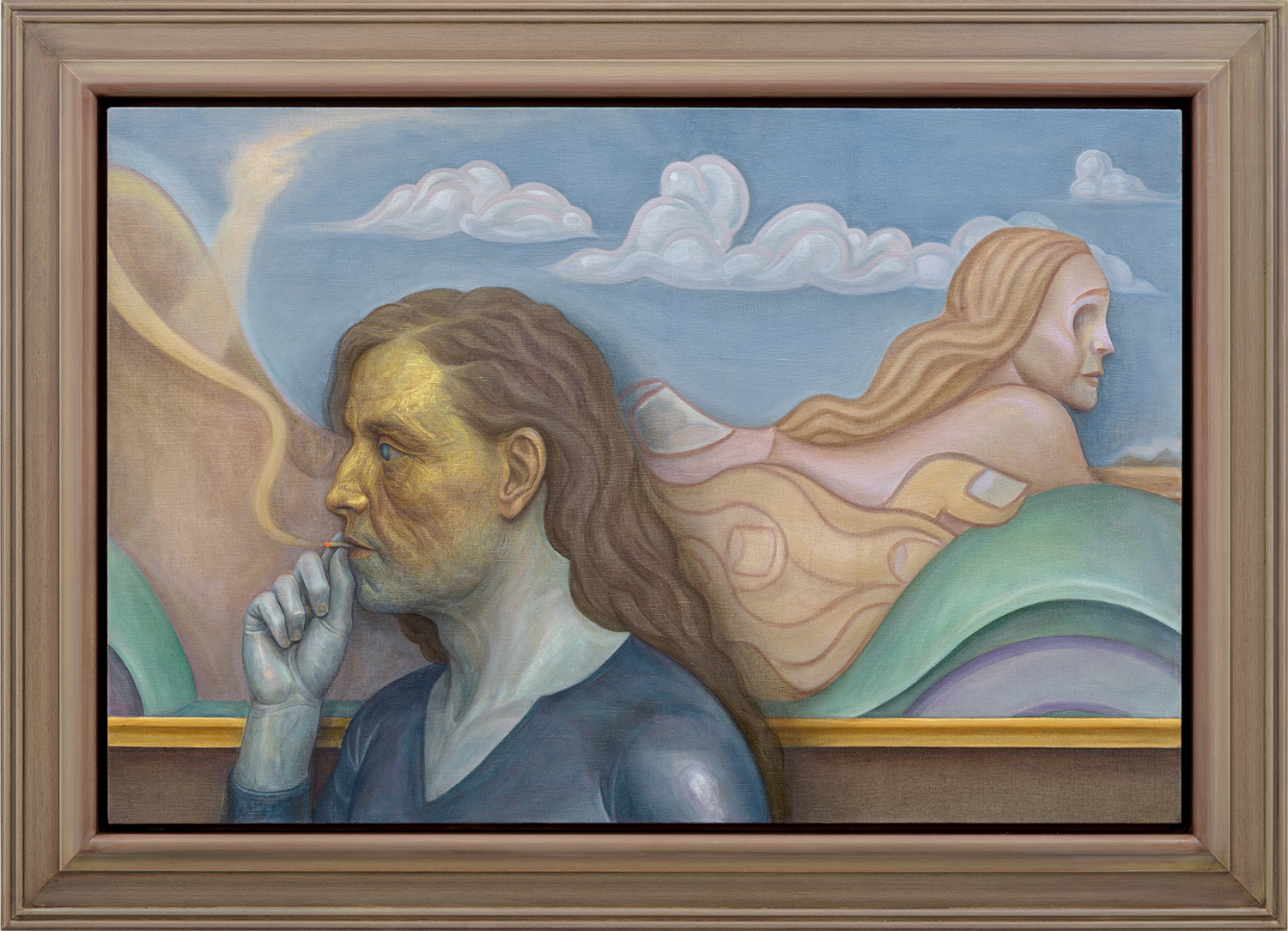 A framed painting of a long-haired figure smoking in profile, with a flowing-haired figure and stylized clouds in the background, rendered in soft blues, greens and pinks.