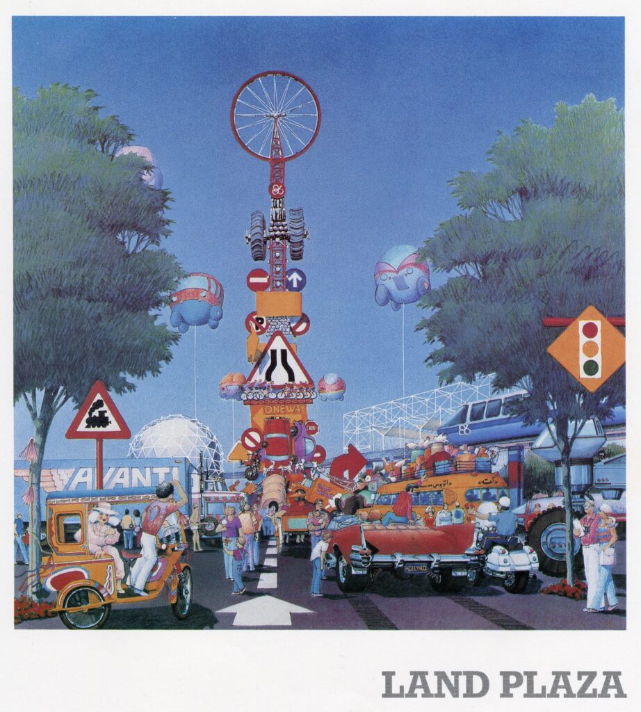 Colourful Expo 86 concept illustration of a bustling plaza filled with whimsical vehicles, towering sculptures, balloons and visitors beneath a blue sky.