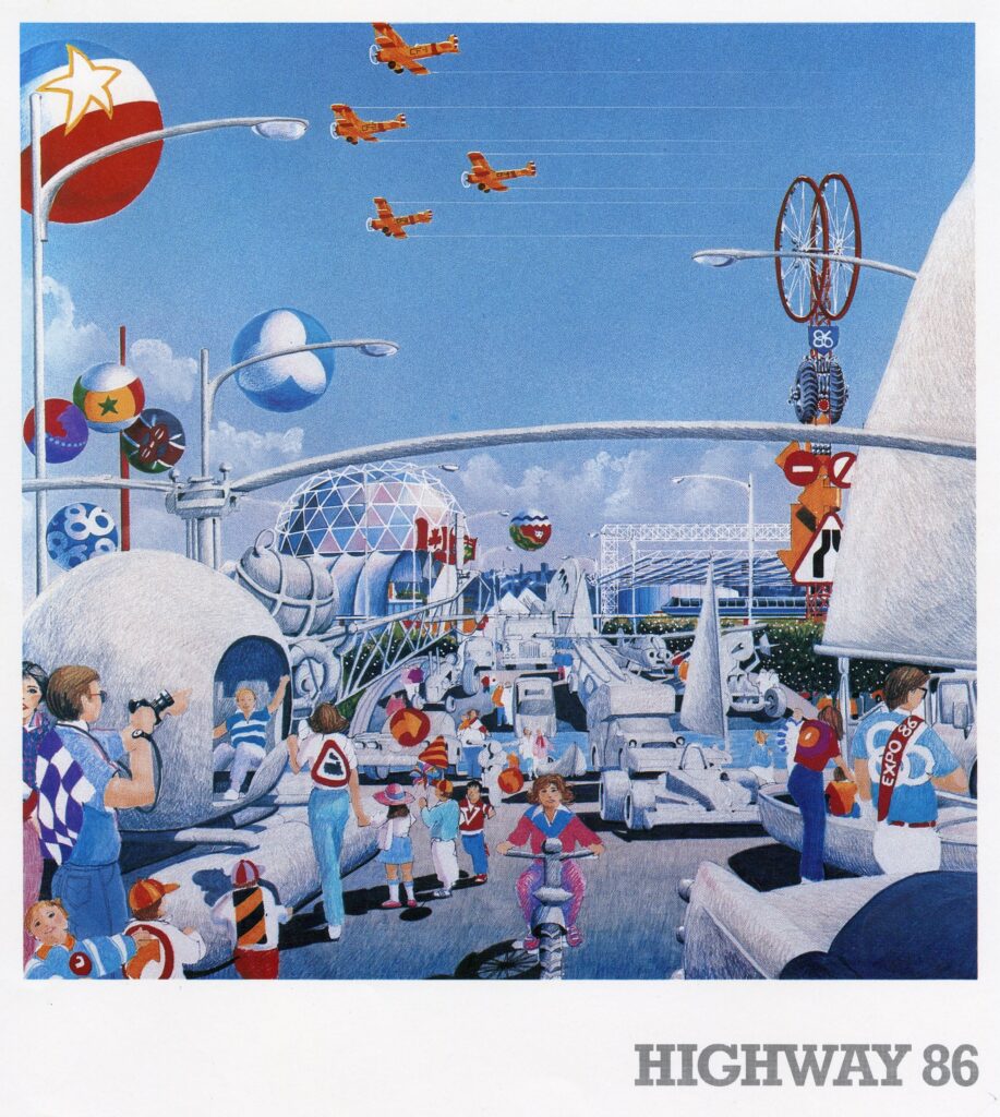 Expo 86 concept illustration of a futuristic transportation exhibit featuring imaginative vehicles, aircraft, colourful balloons and visitors beneath a bright blue sky.