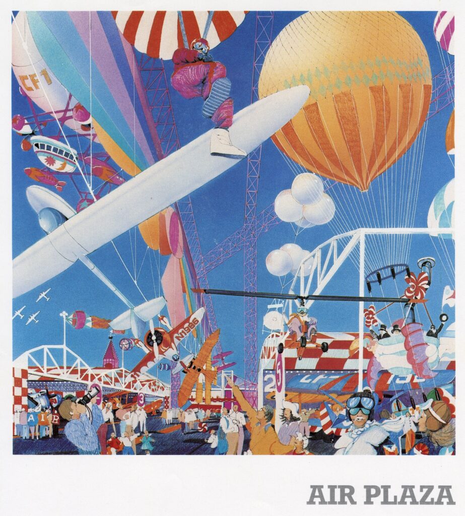 Colourful Expo 86 concept illustration of an aviation-themed plaza filled with suspended aircraft, hot air balloons and fantastical flying machines.