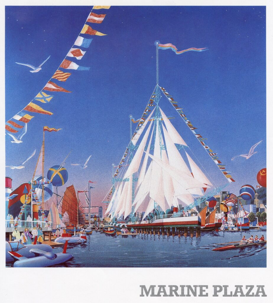 Expo 86 concept illustration of a waterfront pavilion with towering white sails, colourful flags, boats and visitors beneath a deep blue sky.