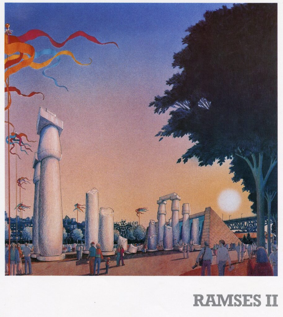 Expo 86 concept illustration of towering ancient Egyptian-inspired columns and monuments, with visitors walking beneath a glowing sunset sky.
