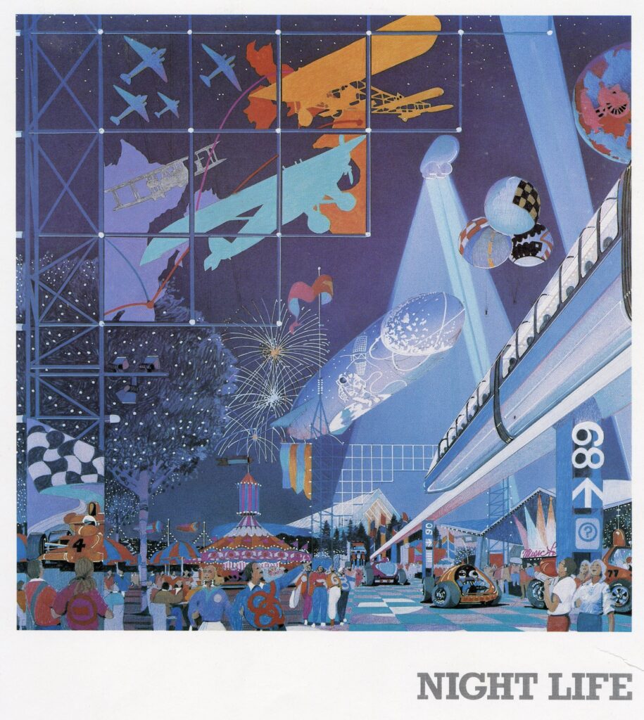Vibrant Expo 86 concept illustration of a futuristic nighttime plaza with illuminated structures, flying vehicles, fireworks and crowds of visitors.
